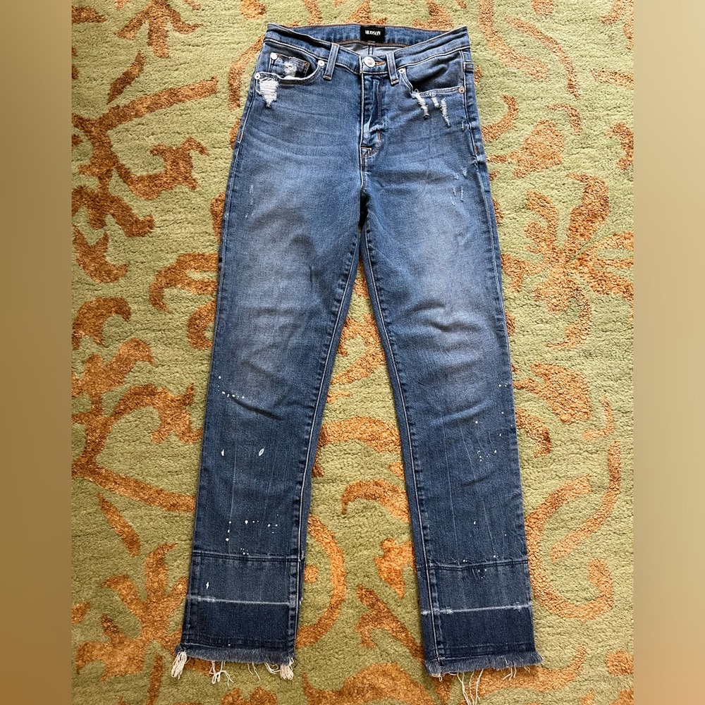 Women’s Hudson Distressed Raw Hem High Rise Straight Cropped Denim Jeans (25)